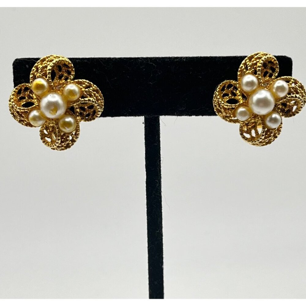Vintage Gold Tone Faux Pearl Filigree Floral Statement Earrings Clip On Glam